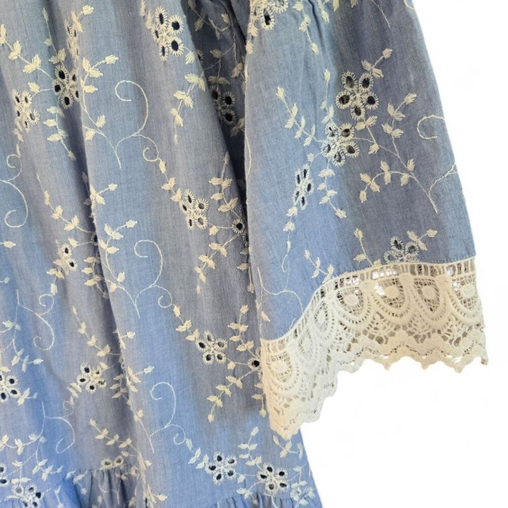 Karen Kane Eyelet Floral Off Shoulder Dress Blue White Lace Trim Large - Picture 5 of 8